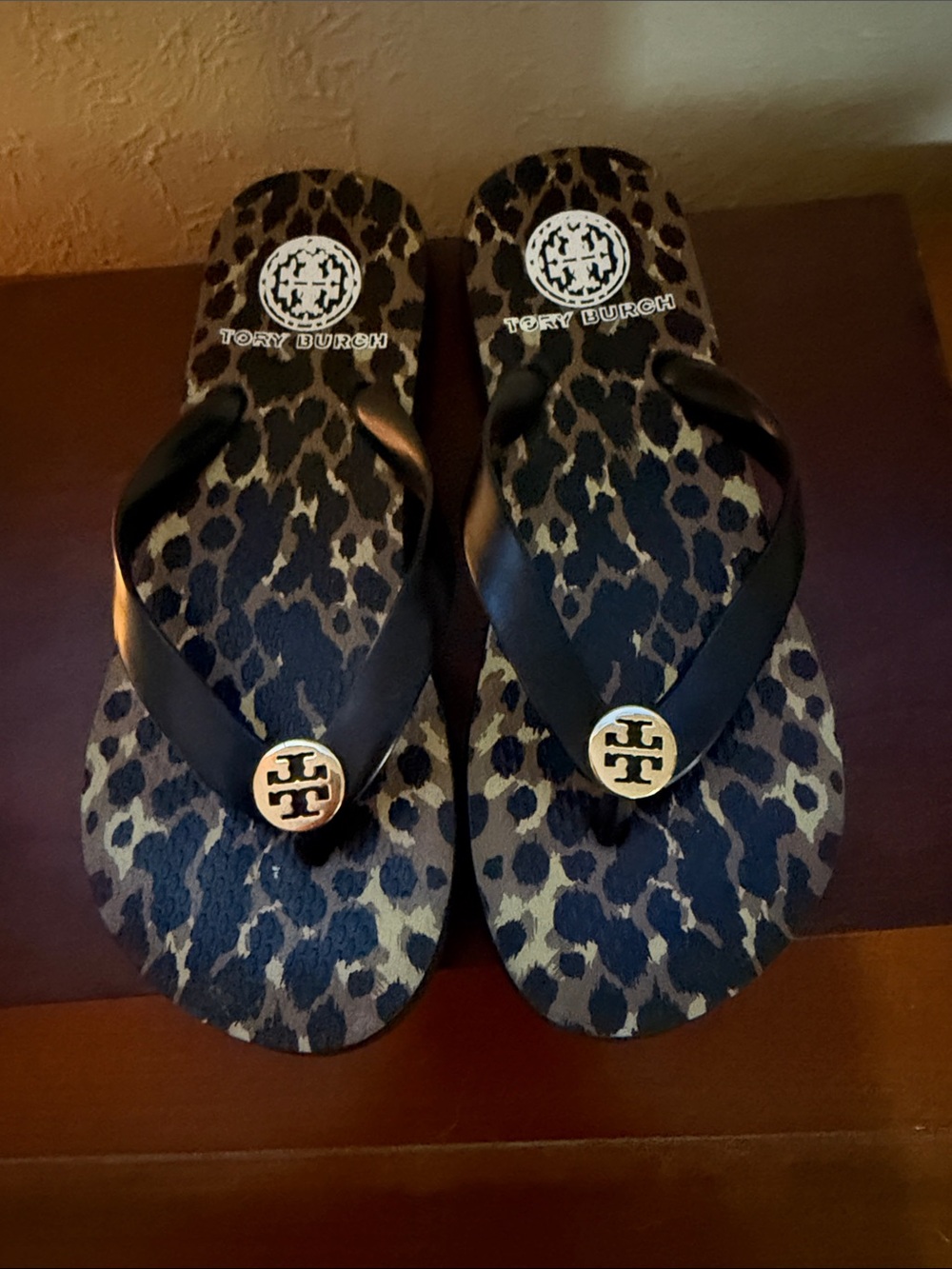 Tory Burch Black and Leopard Print Logo Medallion Flip Flops